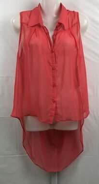 I.C.U. Top Women Large Coral Sheer Sleeveless Collared Open Back Button Front